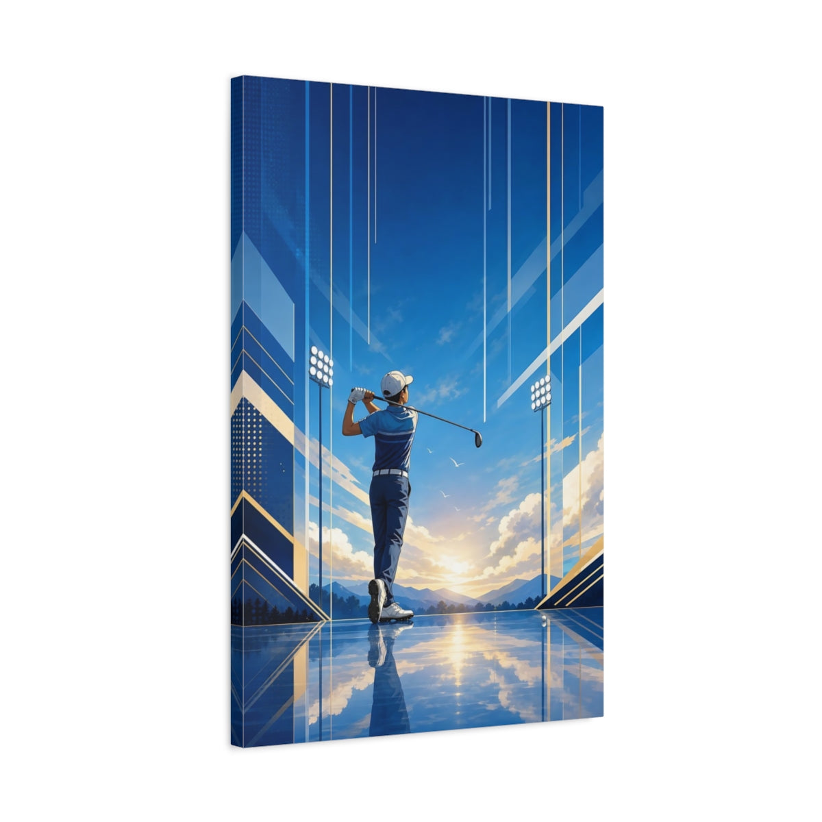 Side Mockup 2. Sunrise Golf Swing shown as canvas print