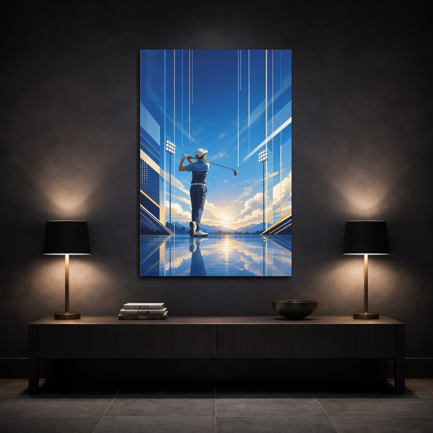 Mockup 3. Sunrise Golf Swing shown as canvas print