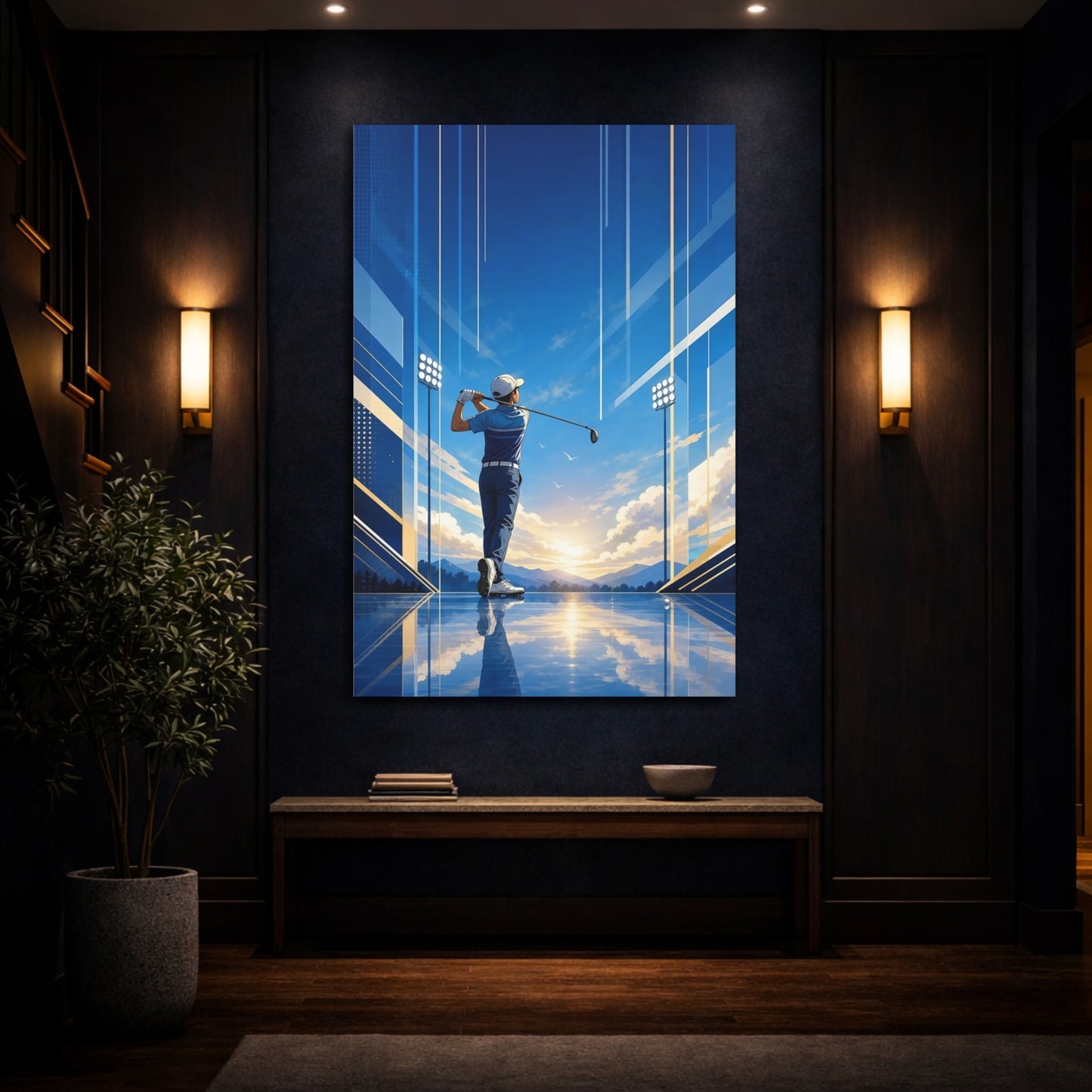 Mockup 4. Sunrise Golf Swing shown as canvas print