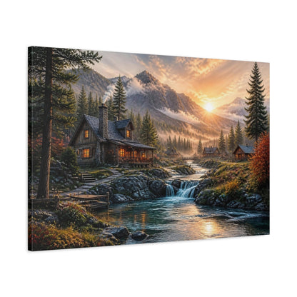 Main Mockup. Sunrise Mountain Cabin Landscape shown as canvas print