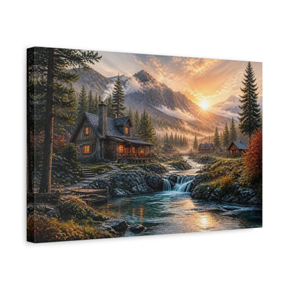 Side Mockup 4. Sunrise Mountain Cabin Landscape shown as canvas print