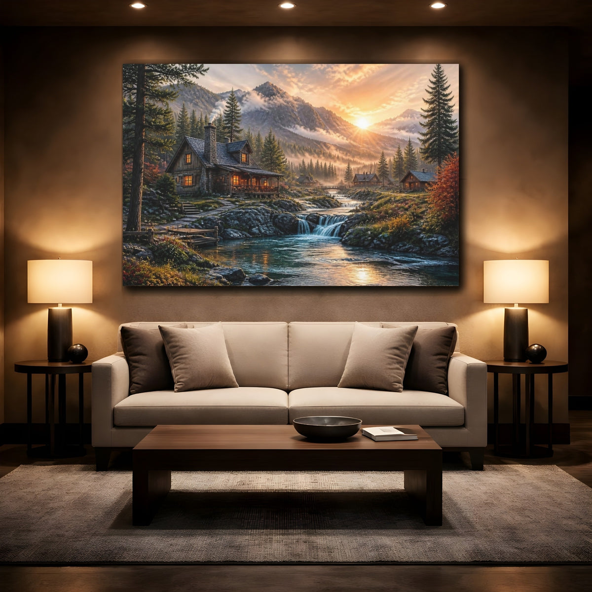 Mockup 2. Sunrise Mountain Cabin Landscape shown as canvas print