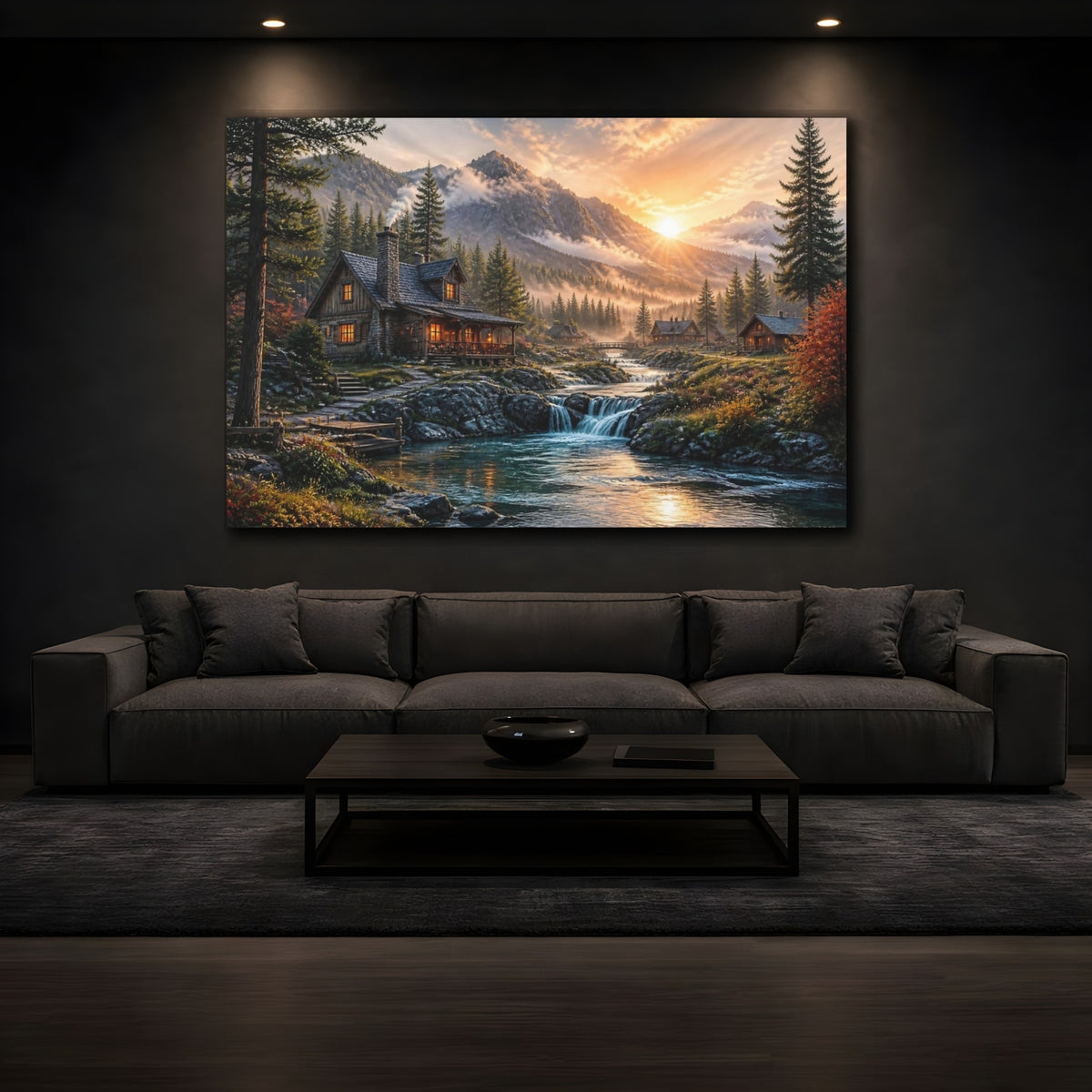 Mockup 3. Sunrise Mountain Cabin Landscape shown as canvas print