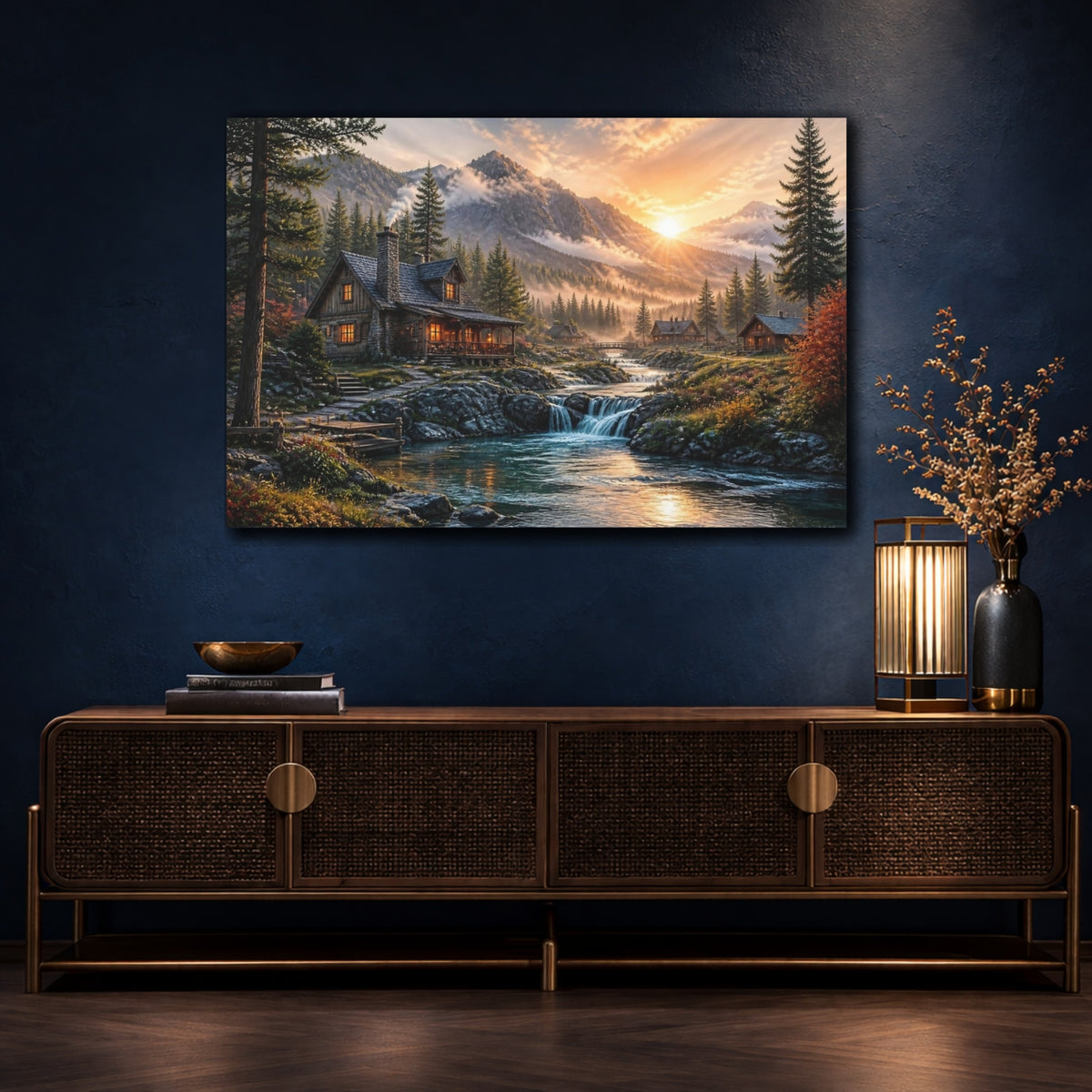 Mockup 4. Sunrise Mountain Cabin Landscape shown as canvas print
