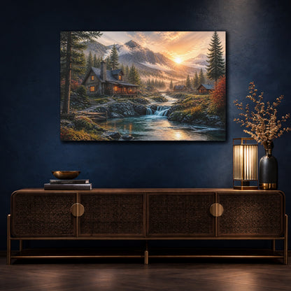 Mockup 4. Sunrise Mountain Cabin Landscape shown as canvas print
