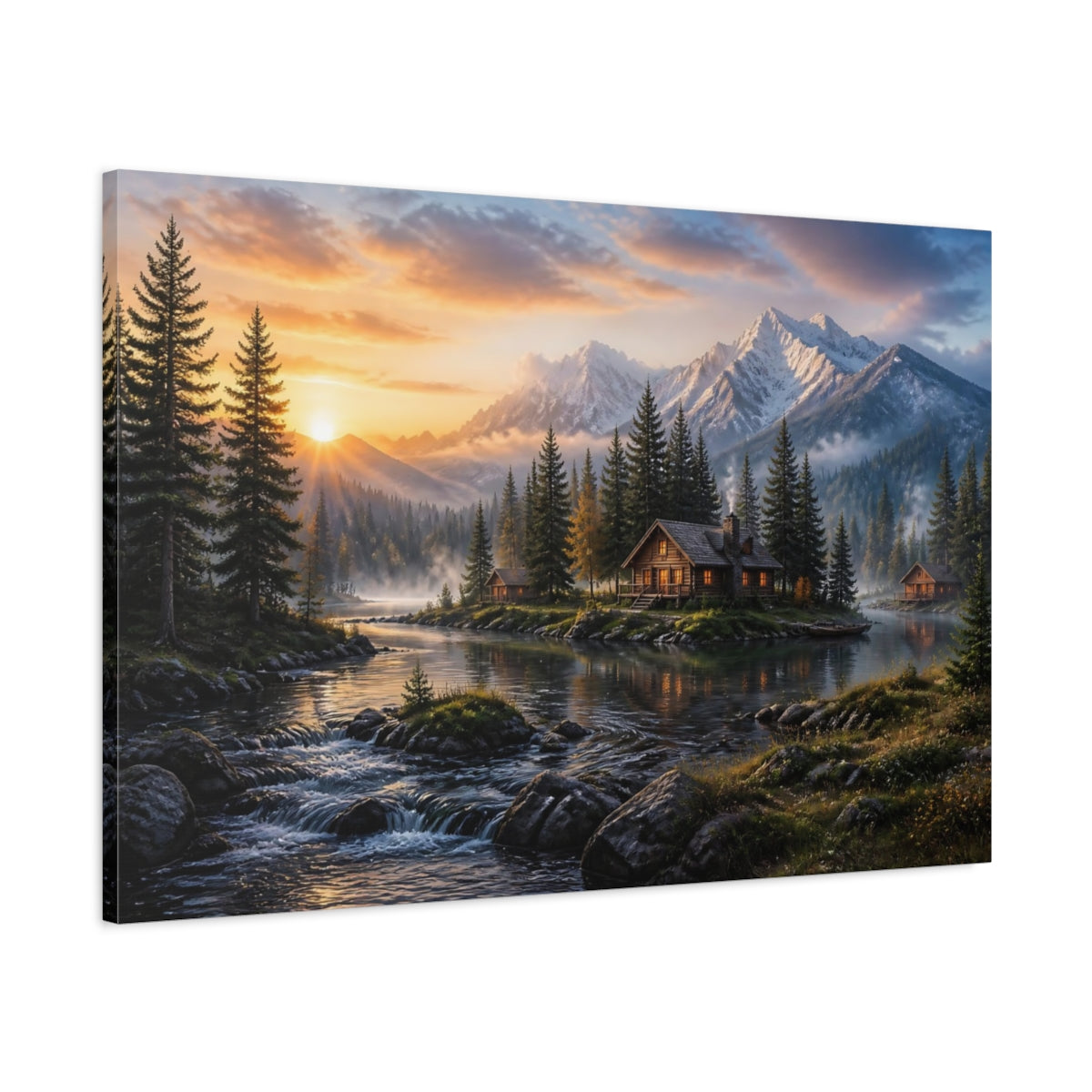 Main Mockup. Sunrise Mountain Cabin Retreat shown as canvas print