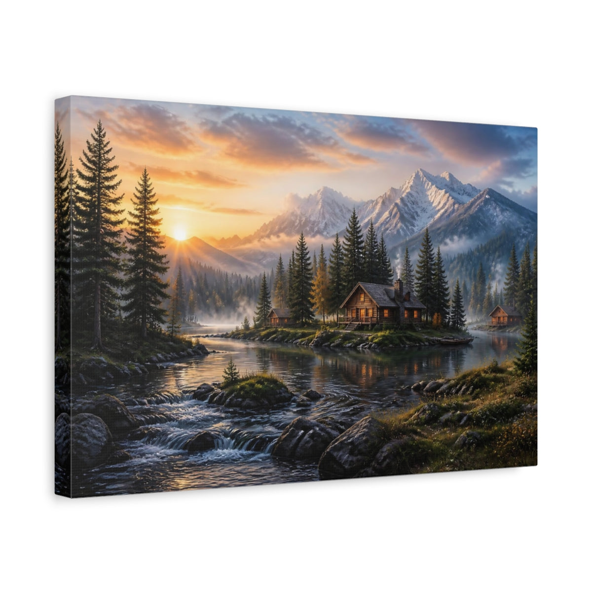 Side Mockup 4. Sunrise Mountain Cabin Retreat shown as canvas print
