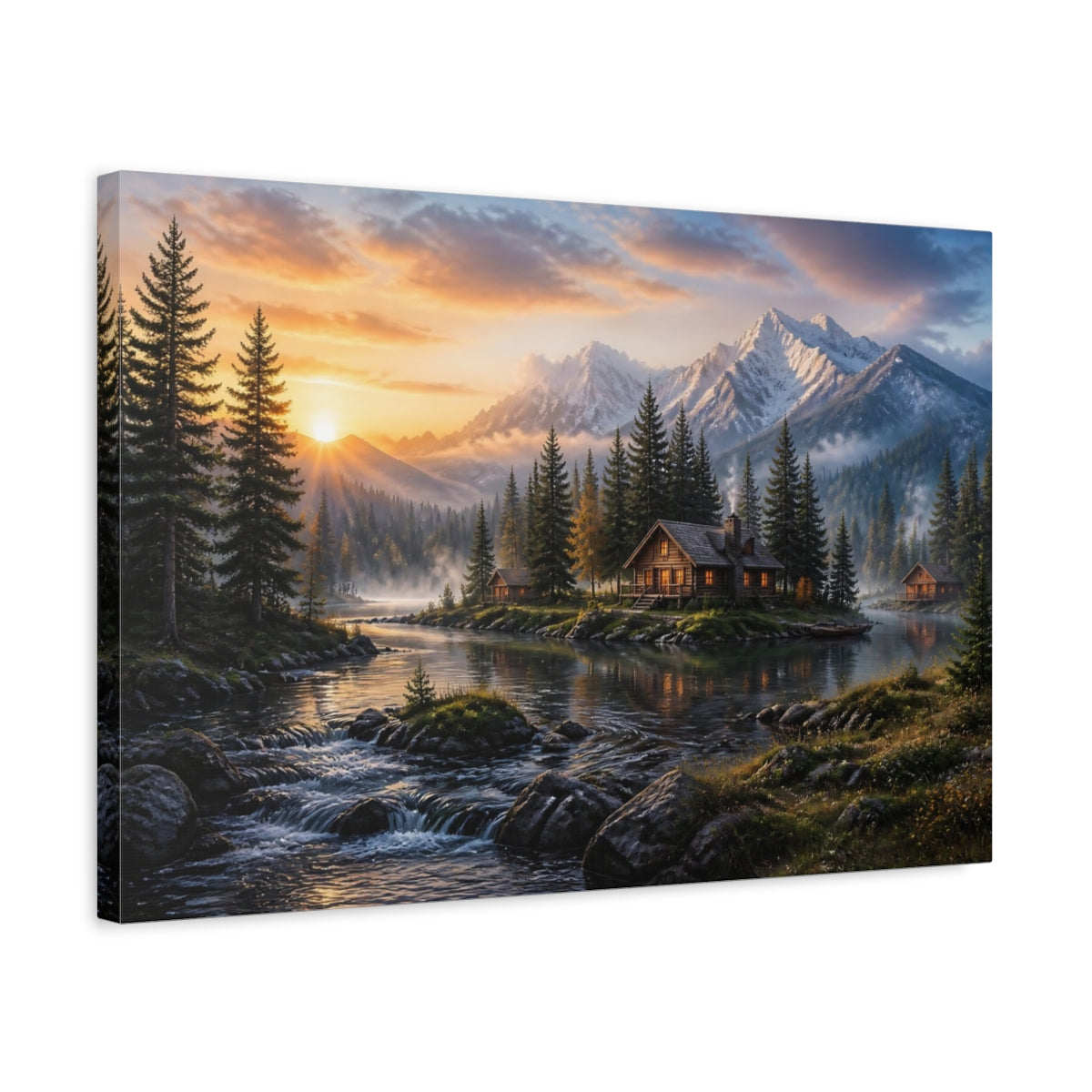 Side Mockup 3. Sunrise Mountain Cabin Retreat shown as canvas print