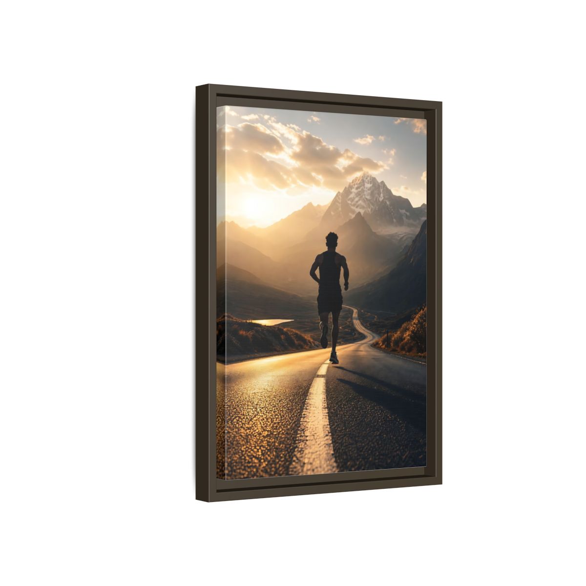 Side Mockup 5. Sunrise Mountain Run shown as framed canvas print