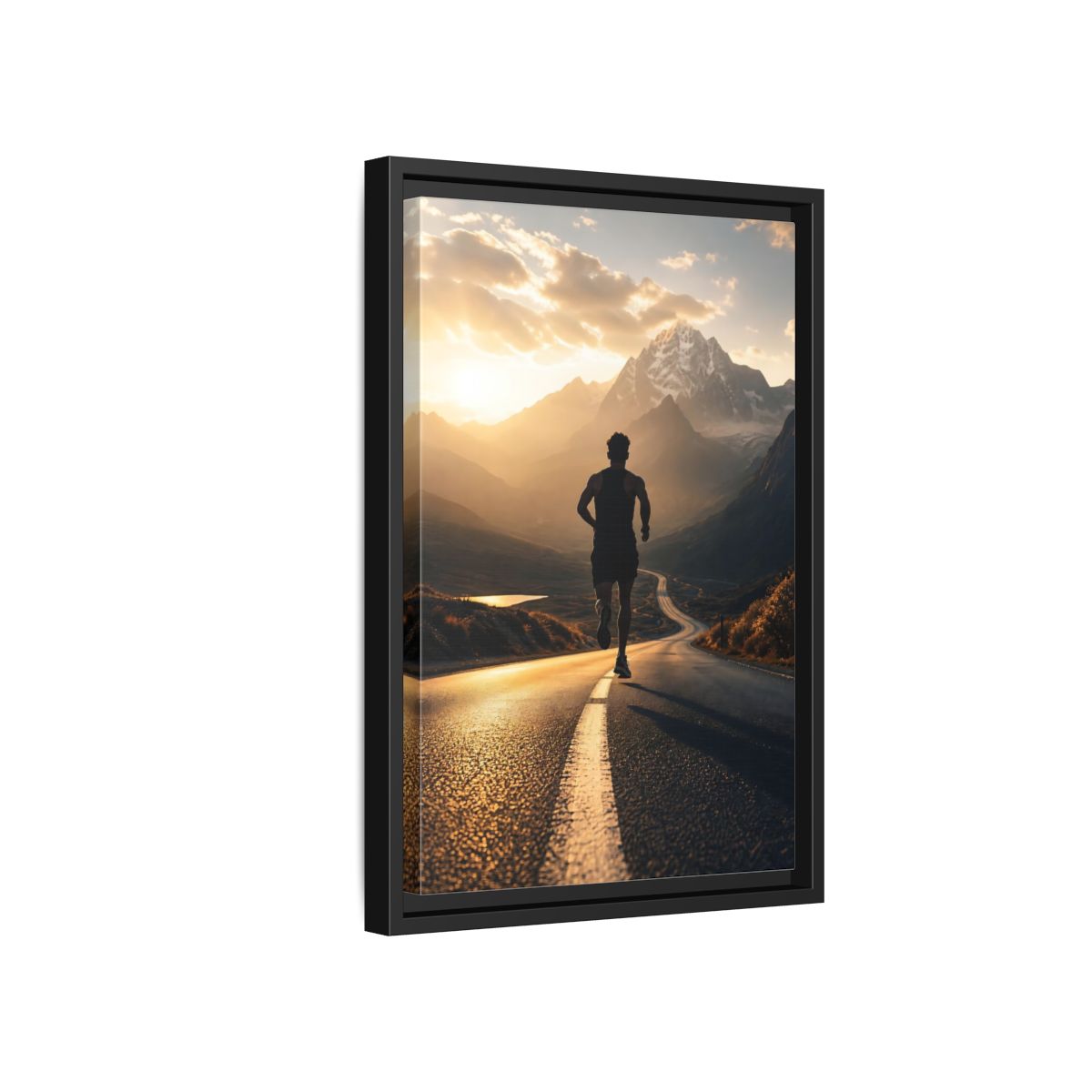 Side Mockup 6. Sunrise Mountain Run shown as framed canvas print