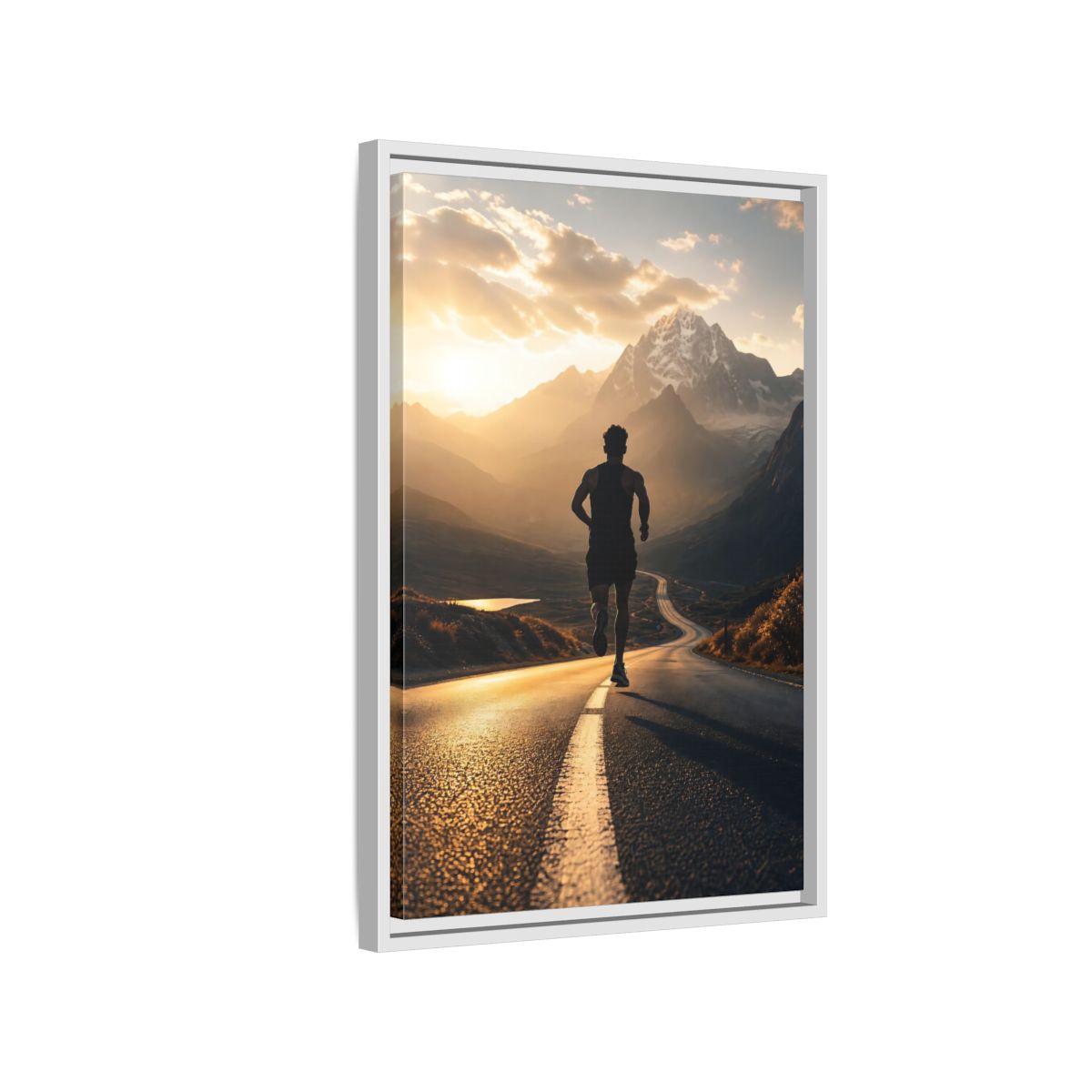 Side Mockup 1. Sunrise Mountain Run shown as framed canvas print