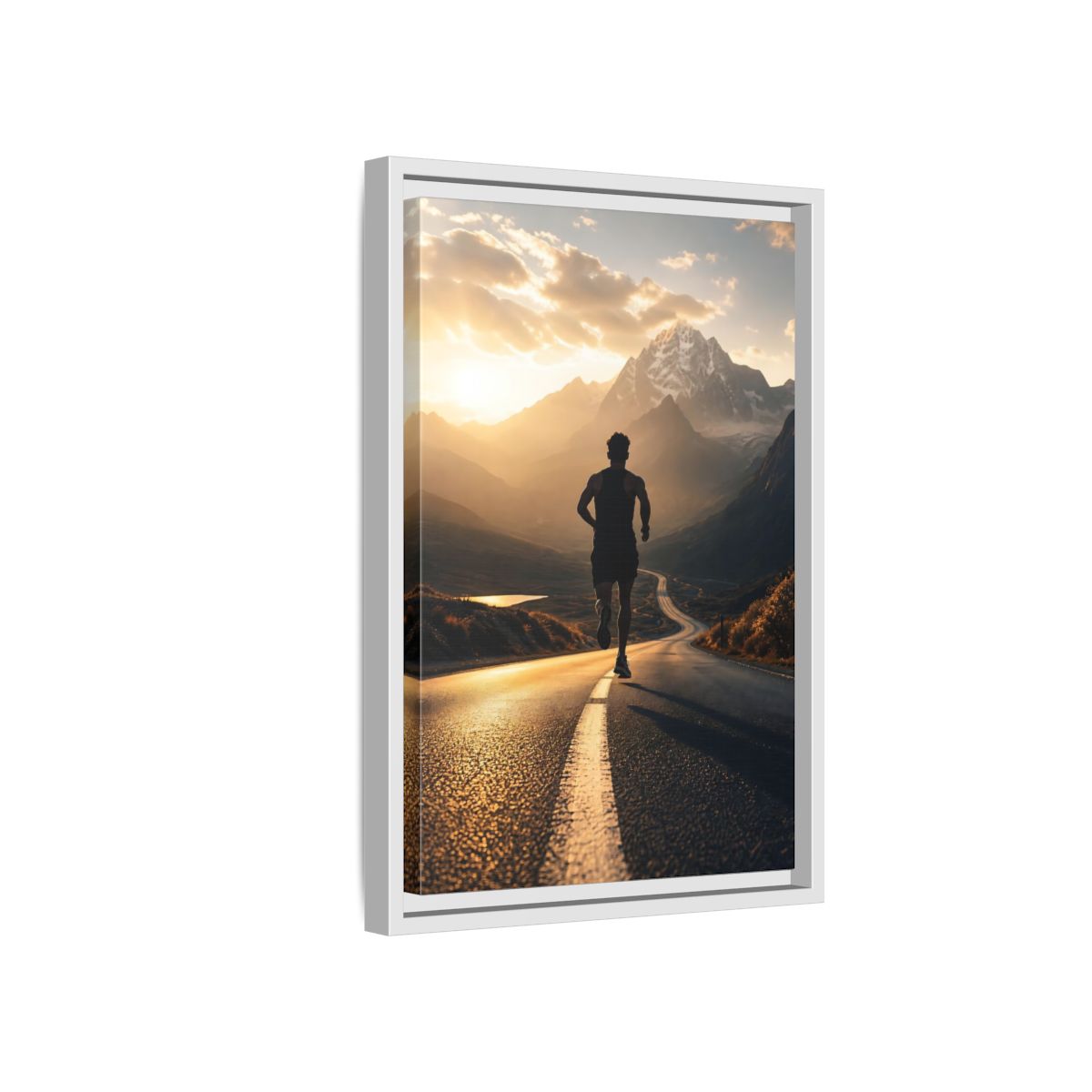Side Mockup 4. Sunrise Mountain Run shown as framed canvas print