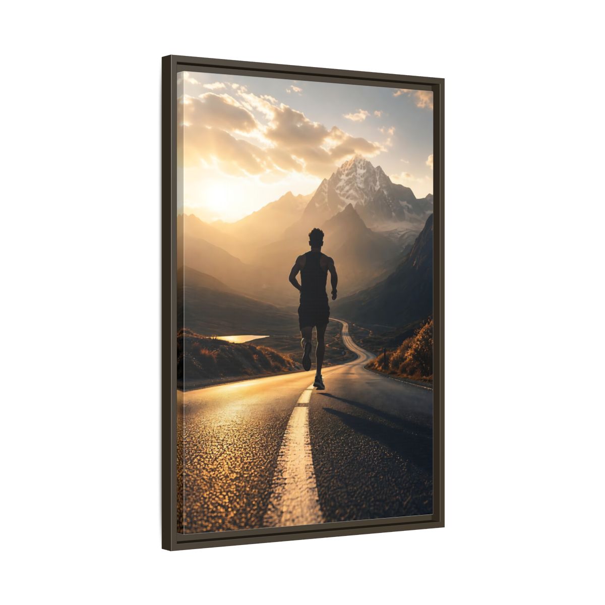 Side Mockup 11. Sunrise Mountain Run shown as framed canvas print