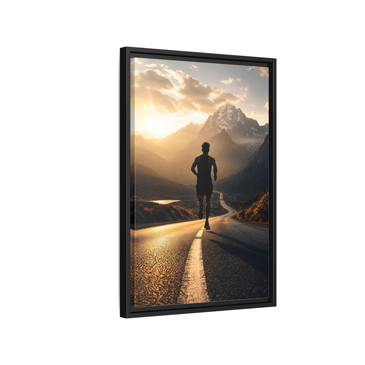 Side Mockup 3. Sunrise Mountain Run shown as framed canvas print