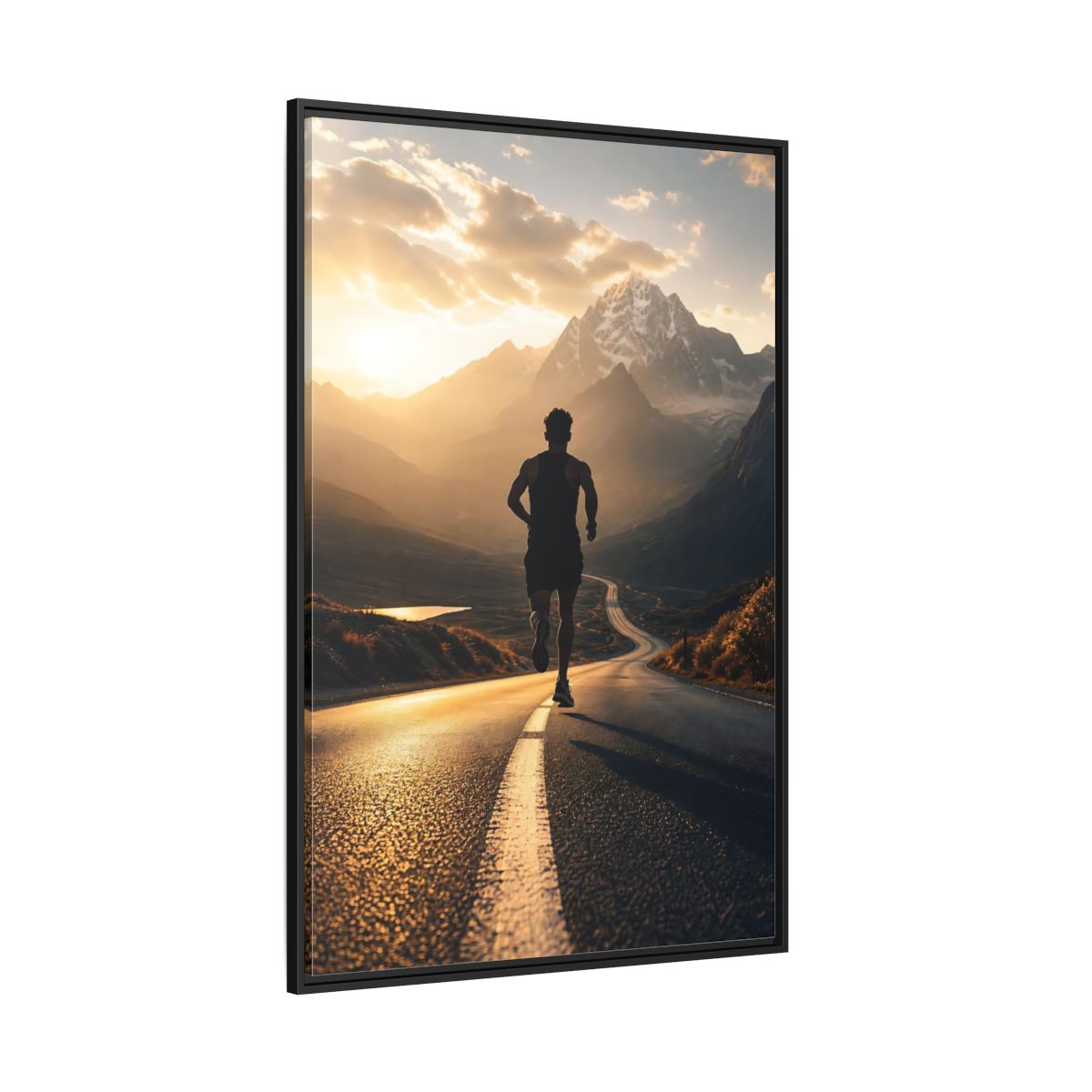 Side Mockup 12. Sunrise Mountain Run shown as framed canvas print
