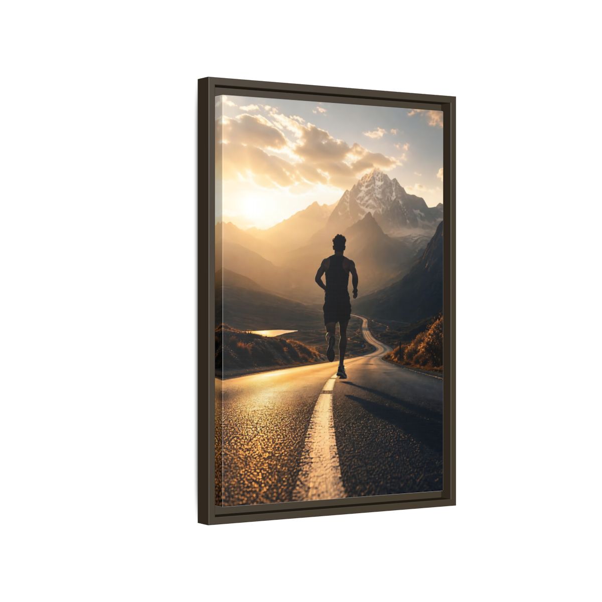 Side Mockup 2. Sunrise Mountain Run shown as framed canvas print