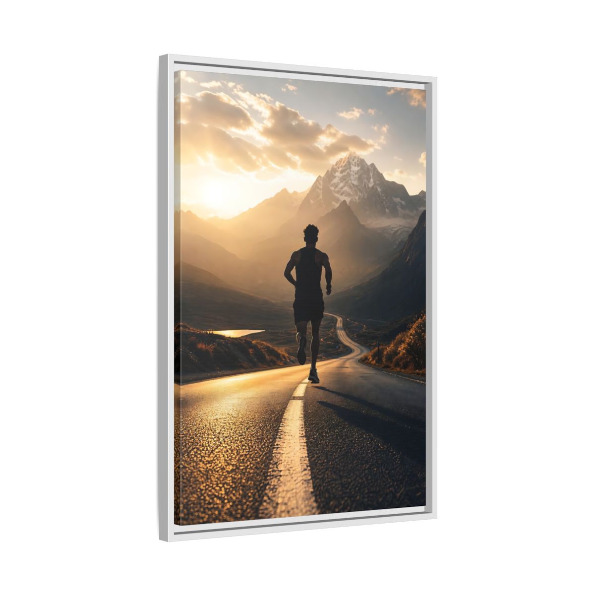 Side Mockup 10. Sunrise Mountain Run shown as framed canvas print