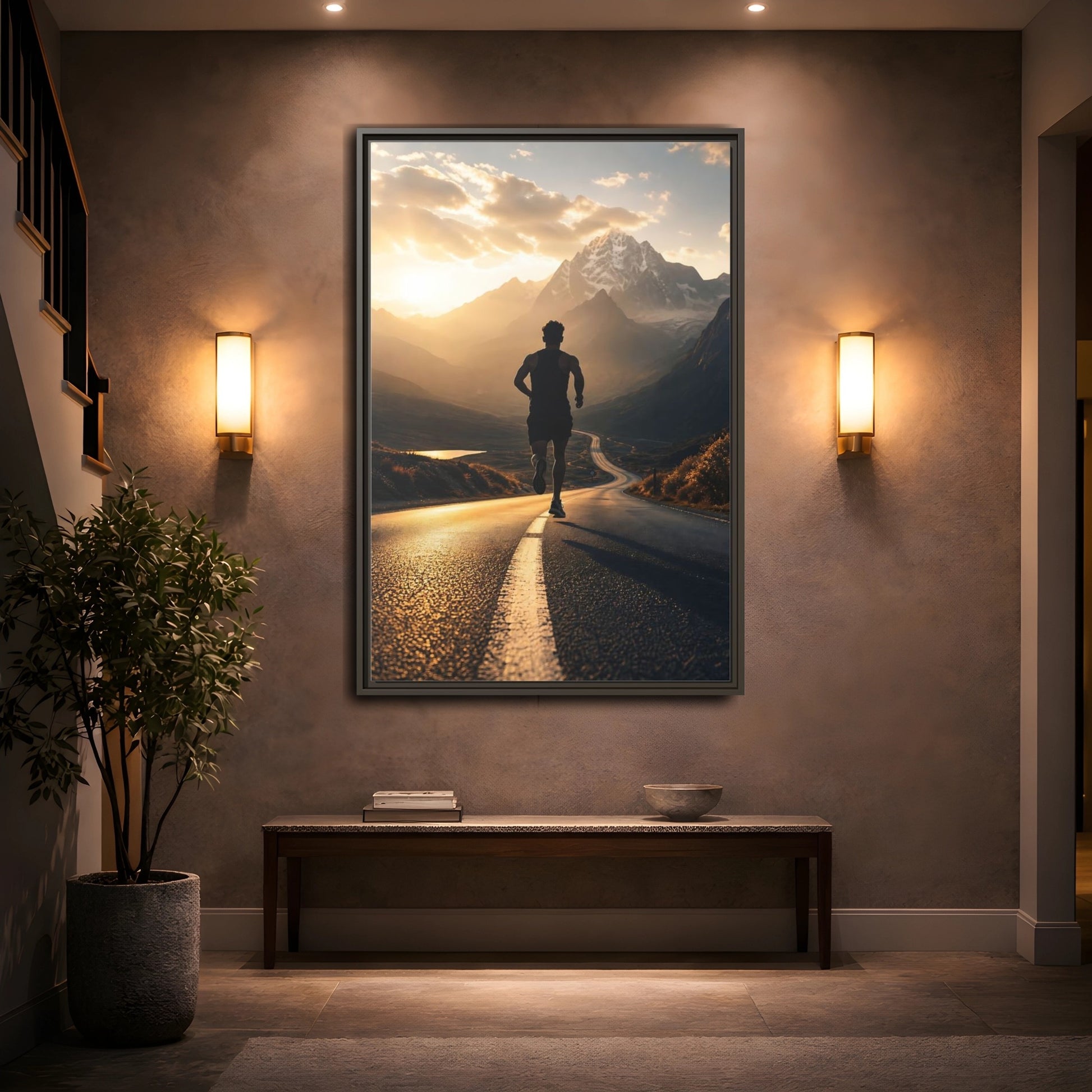 Mockup 2. Sunrise Mountain Run shown as framed canvas print