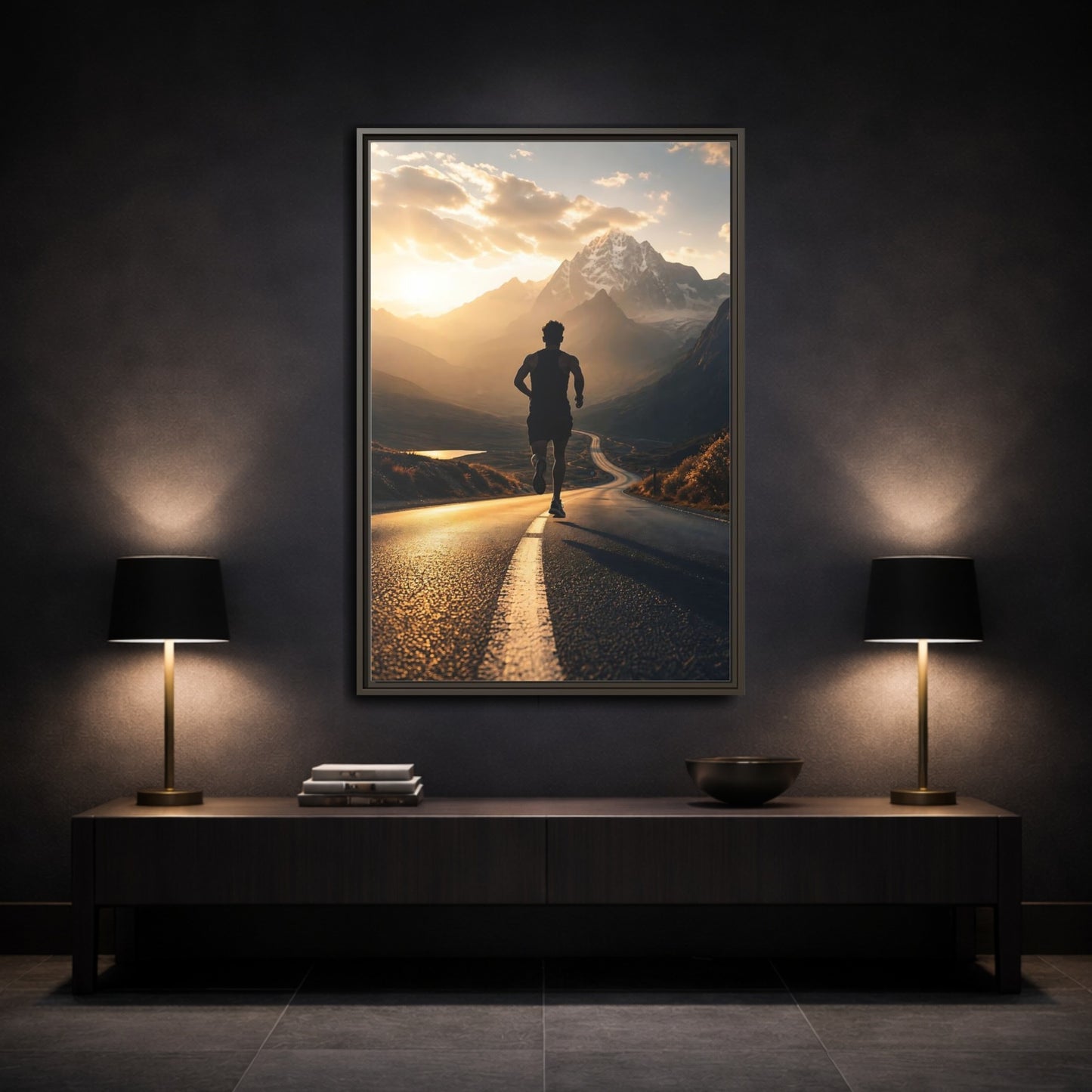 Mockup 3. Sunrise Mountain Run shown as framed canvas print
