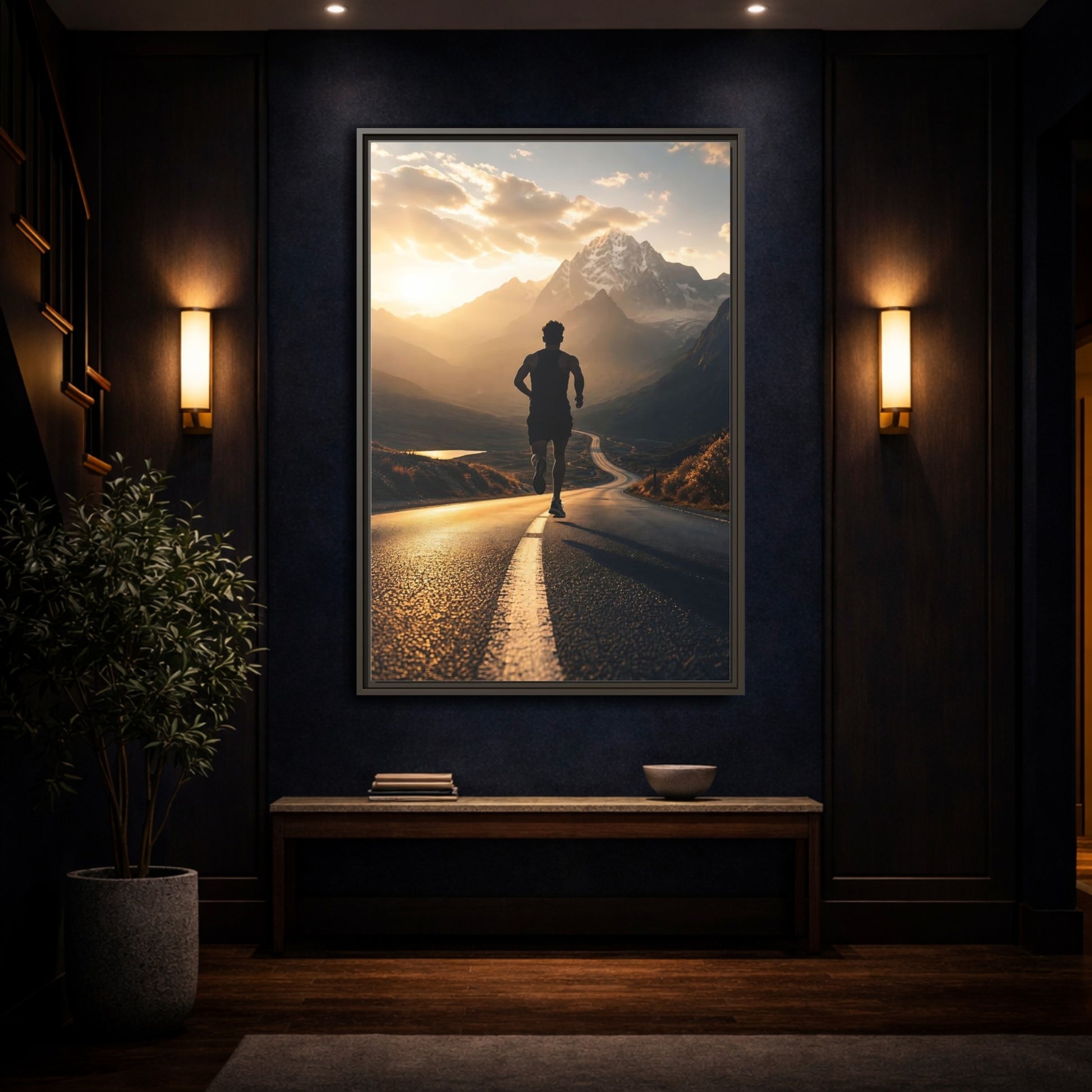 Mockup 4. Sunrise Mountain Run shown as framed canvas print