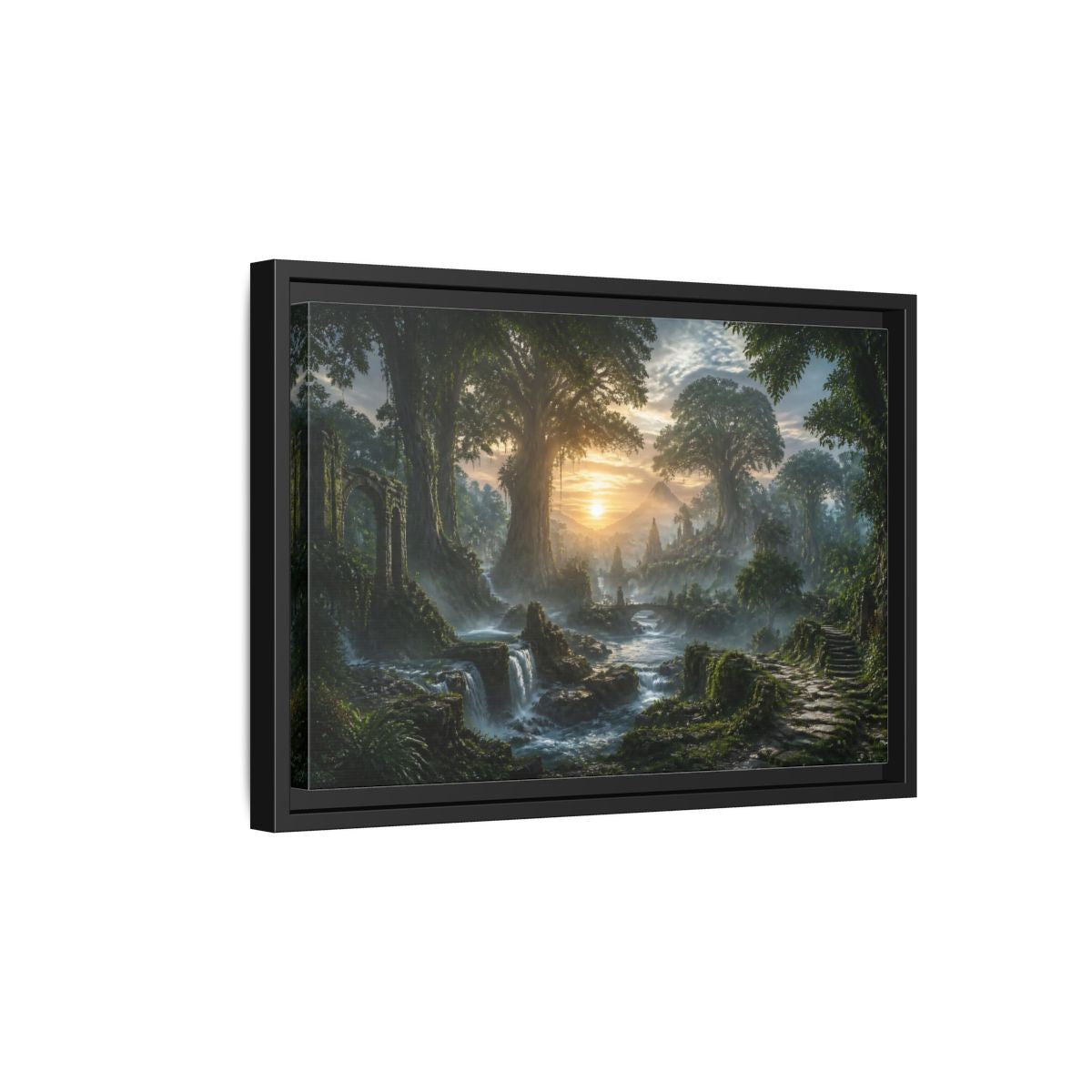 Side Mockup 6. Sunrise Over Ancient Forest shown as framed canvas print