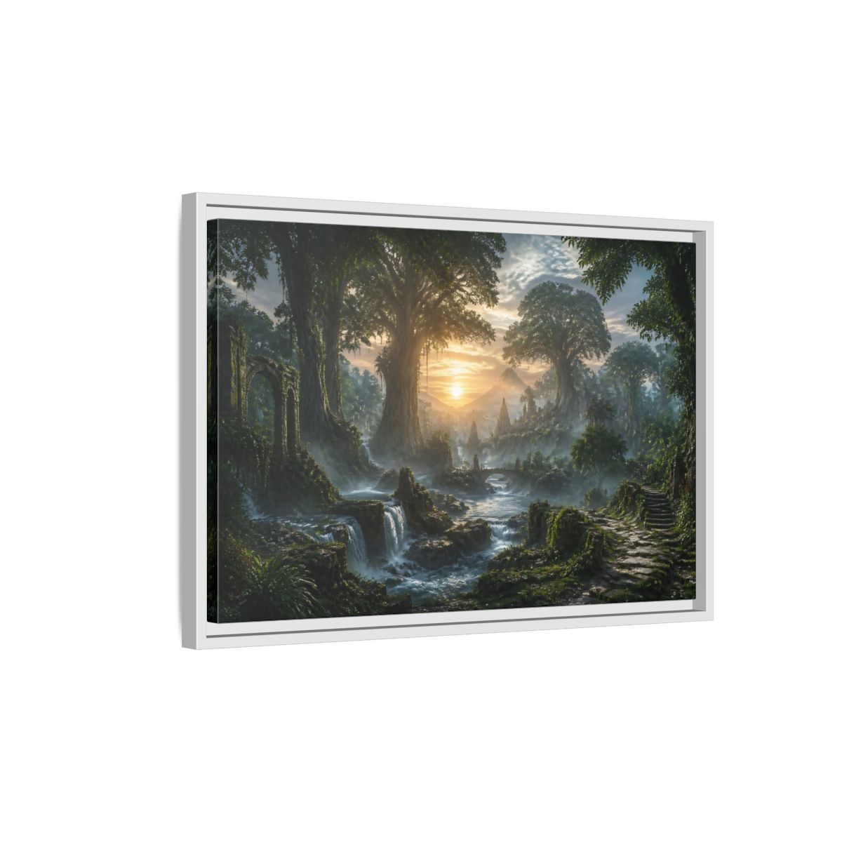 Side Mockup 1. Sunrise Over Ancient Forest shown as framed canvas print