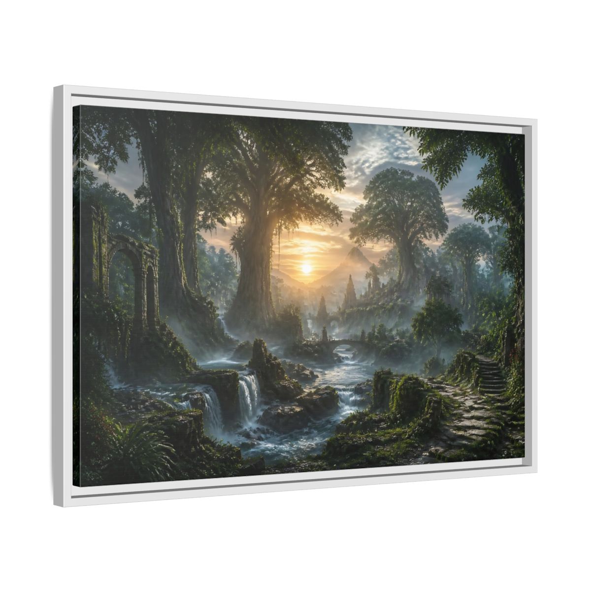 Side Mockup 10. Sunrise Over Ancient Forest shown as framed canvas print