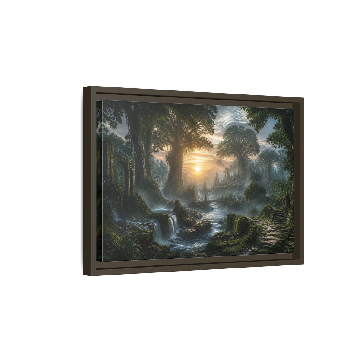 Side Mockup 5. Sunrise Over Ancient Forest shown as framed canvas print