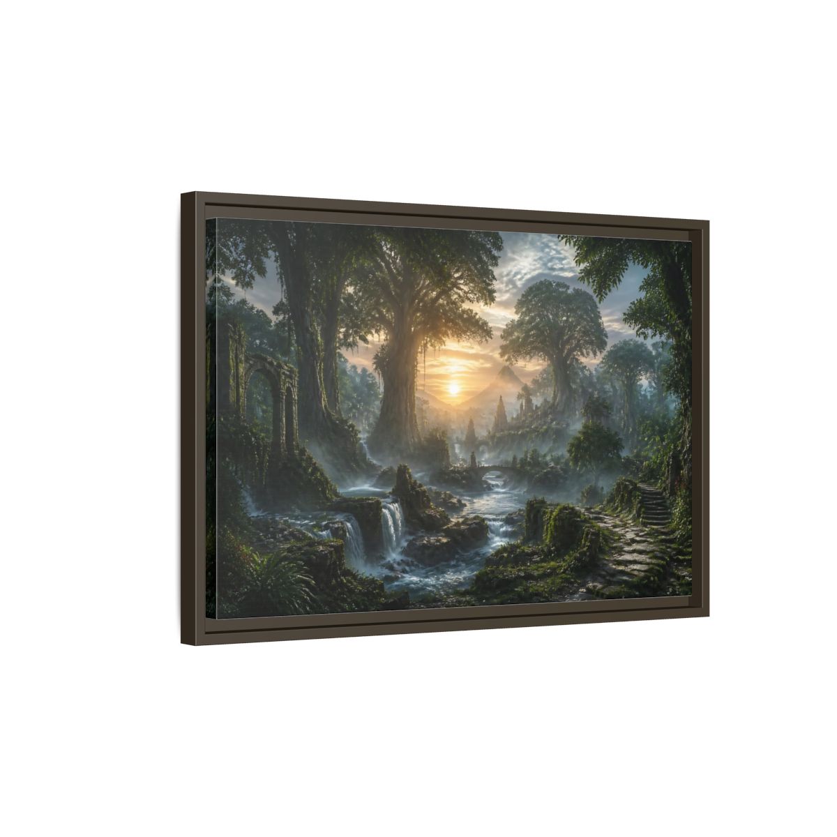 Side Mockup 2. Sunrise Over Ancient Forest shown as framed canvas print