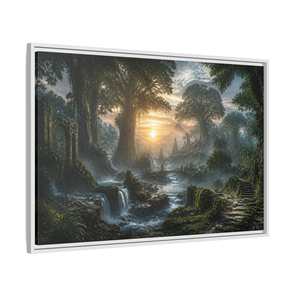 Side Mockup 9. Sunrise Over Ancient Forest shown as framed canvas print