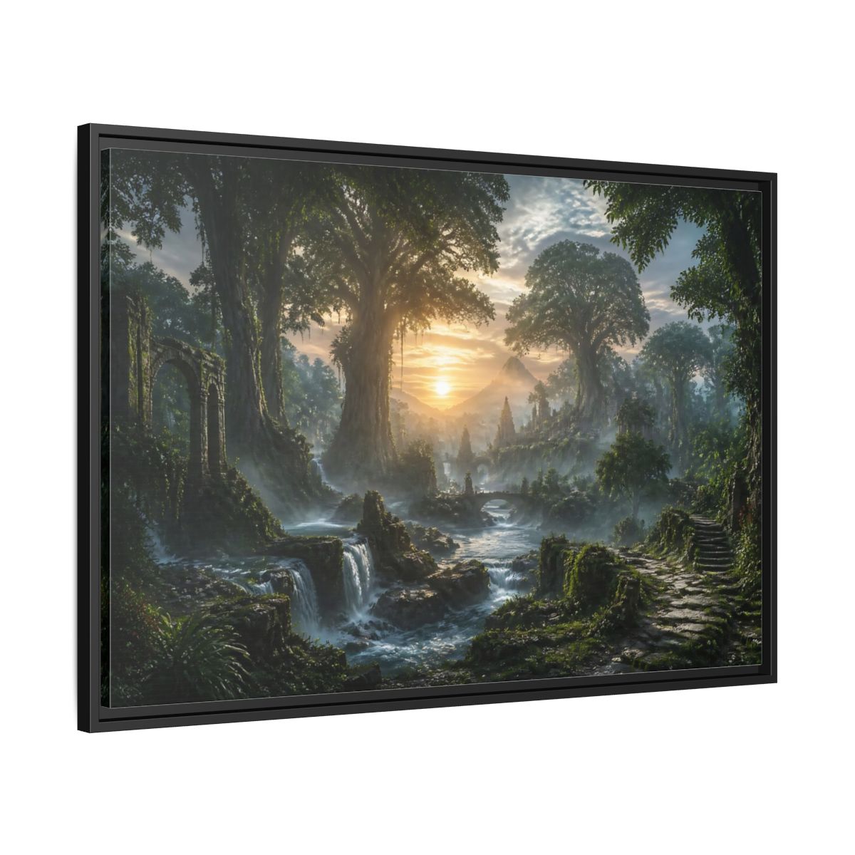 Side Mockup 13. Sunrise Over Ancient Forest shown as framed canvas print