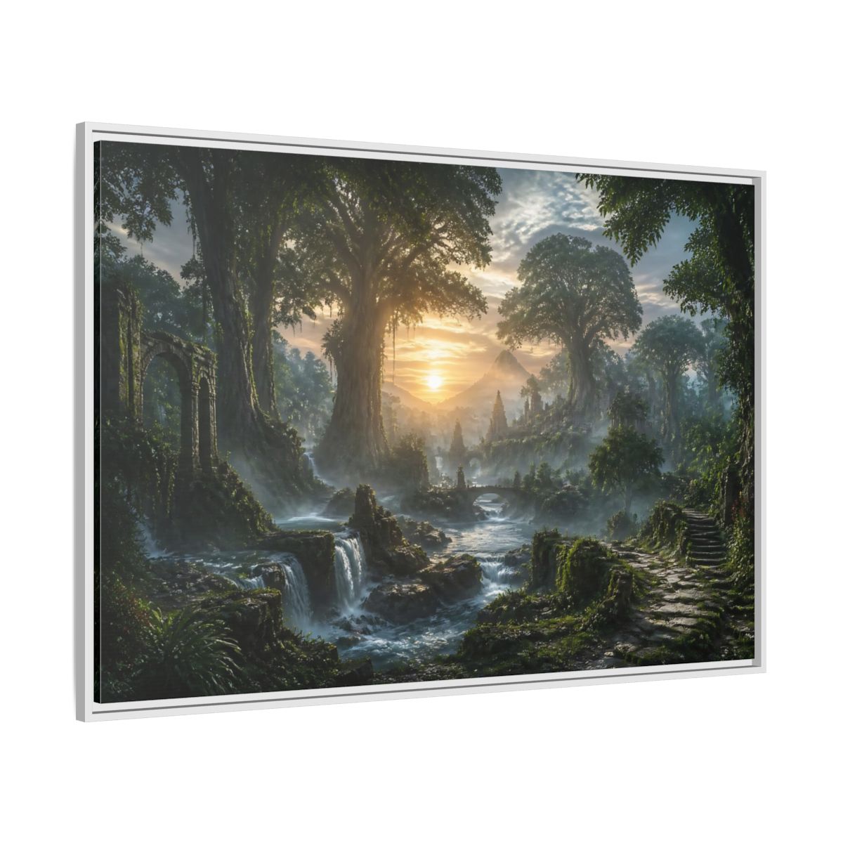 Side Mockup 7. Sunrise Over Ancient Forest shown as framed canvas print