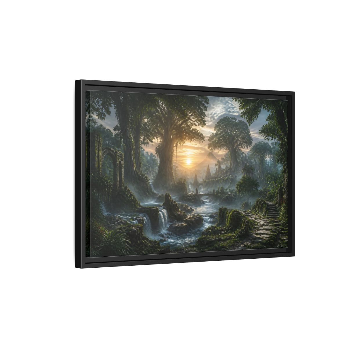 Side Mockup 3. Sunrise Over Ancient Forest shown as framed canvas print