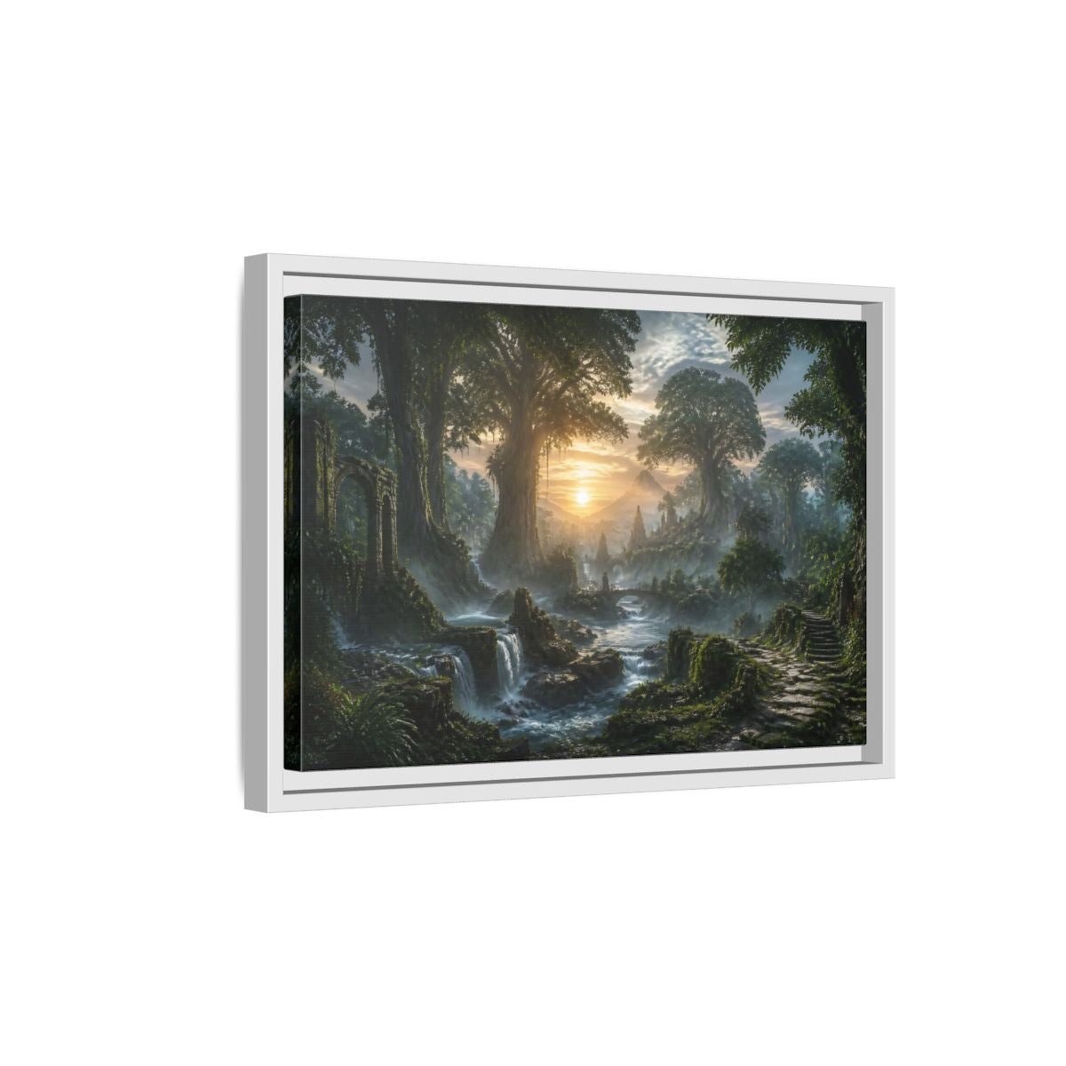 Side Mockup 4. Sunrise Over Ancient Forest shown as framed canvas print