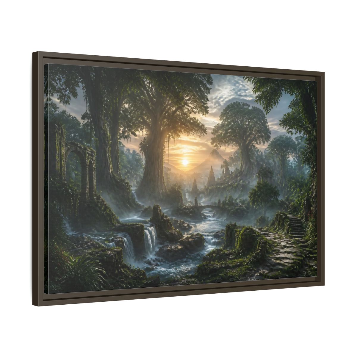Side Mockup 11. Sunrise Over Ancient Forest shown as framed canvas print