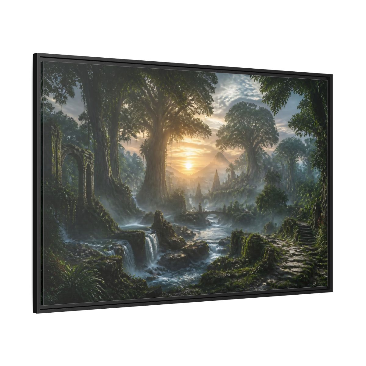 Side Mockup 12. Sunrise Over Ancient Forest shown as framed canvas print
