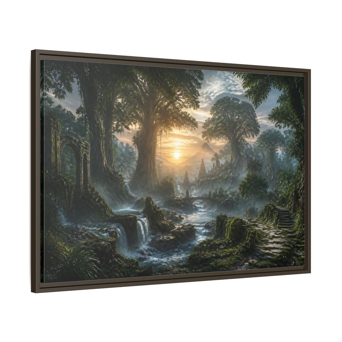 Main Mockup. Sunrise Over Ancient Forest shown as framed canvas print