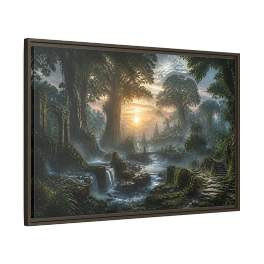 Main Mockup. Sunrise Over Ancient Forest shown as framed canvas print