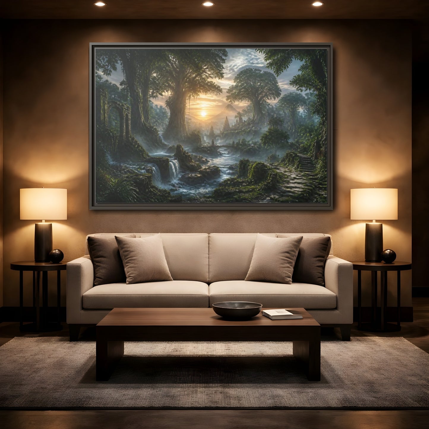 Mockup 2. Sunrise Over Ancient Forest shown as framed canvas print