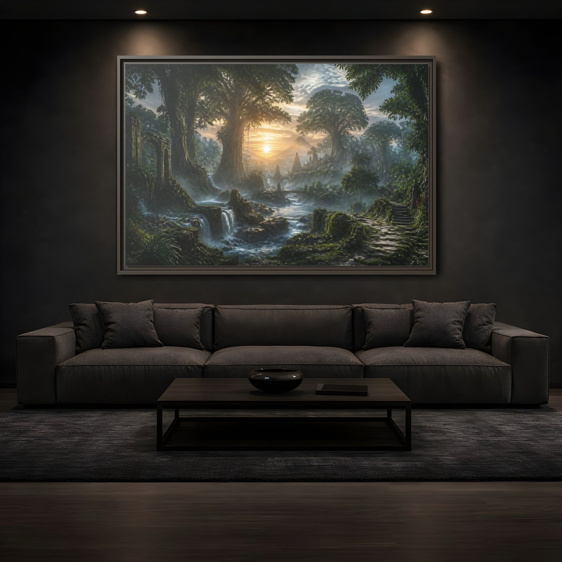 Mockup 3. Sunrise Over Ancient Forest shown as framed canvas print