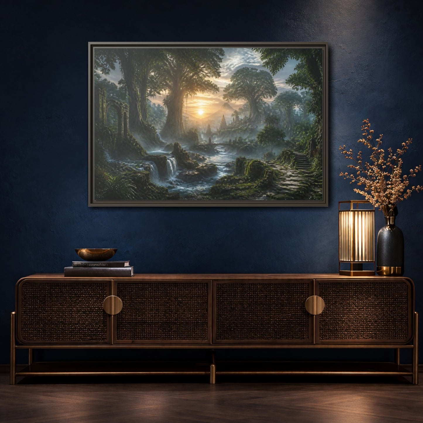 Mockup 4. Sunrise Over Ancient Forest shown as framed canvas print