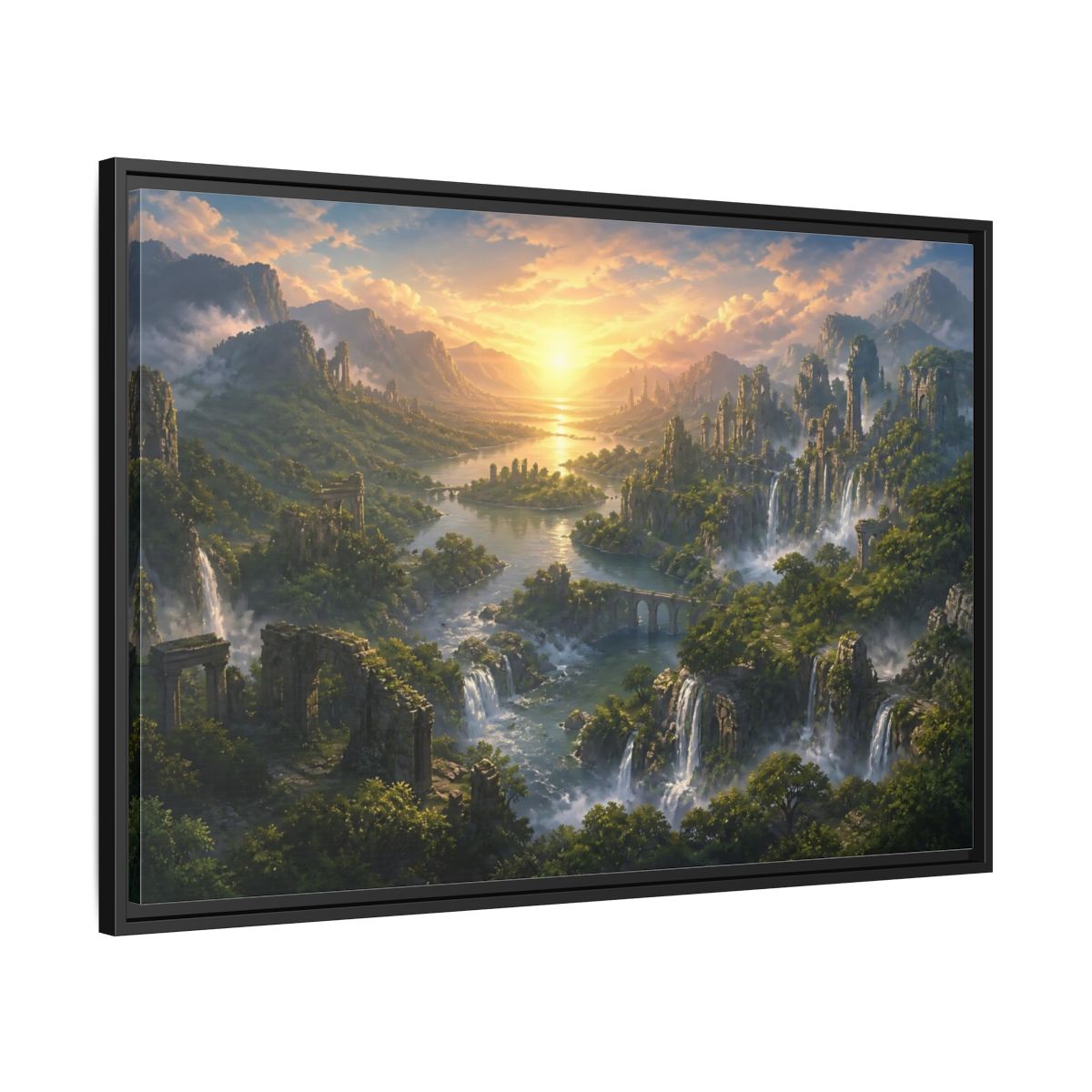 Side Mockup 13. Sunrise Over Hidden River Valley shown as framed canvas print