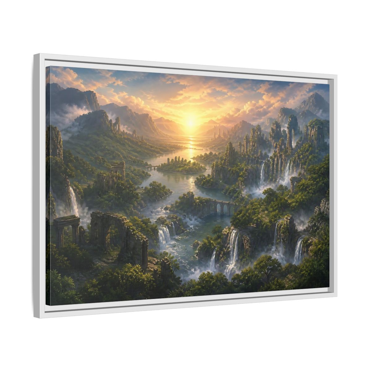 Side Mockup 10. Sunrise Over Hidden River Valley shown as framed canvas print