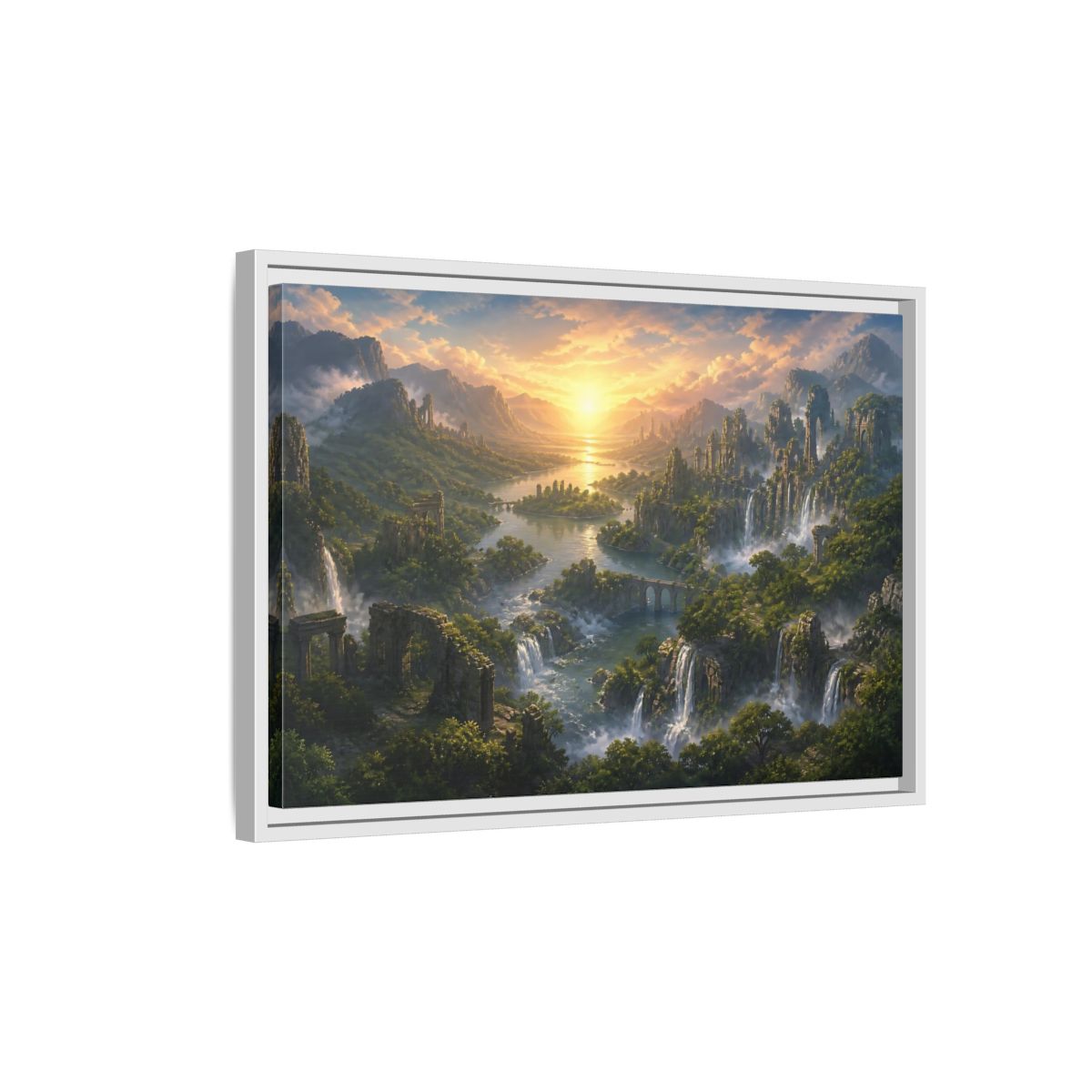 Side Mockup 1. Sunrise Over Hidden River Valley shown as framed canvas print