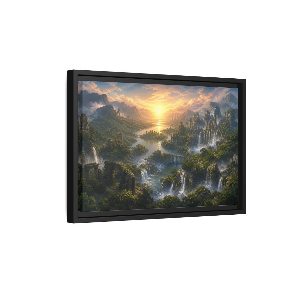Side Mockup 6. Sunrise Over Hidden River Valley shown as framed canvas print