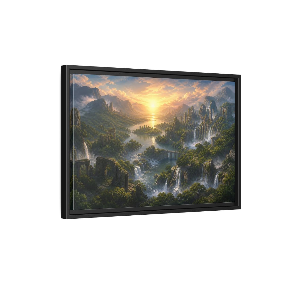 Side Mockup 3. Sunrise Over Hidden River Valley shown as framed canvas print
