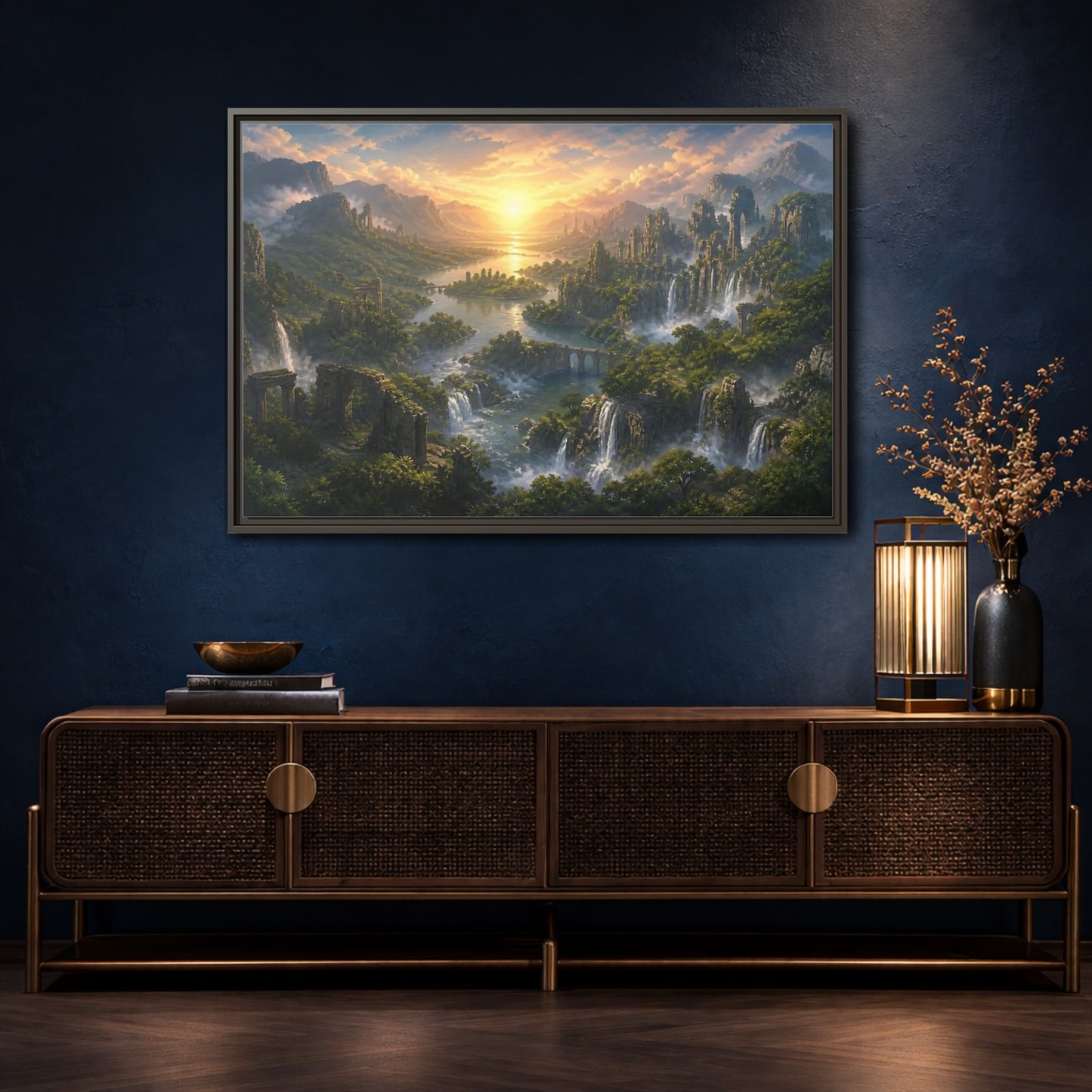 Mockup 4. Sunrise Over Hidden River Valley shown as framed canvas print