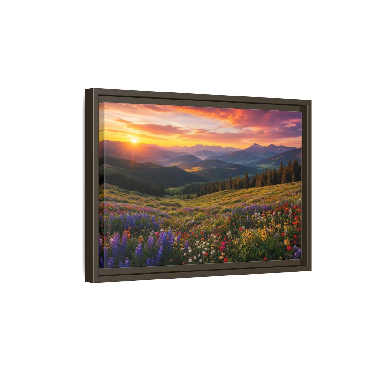Side Mockup 5. Sunrise Over Wildflower Meadow shown as framed canvas print
