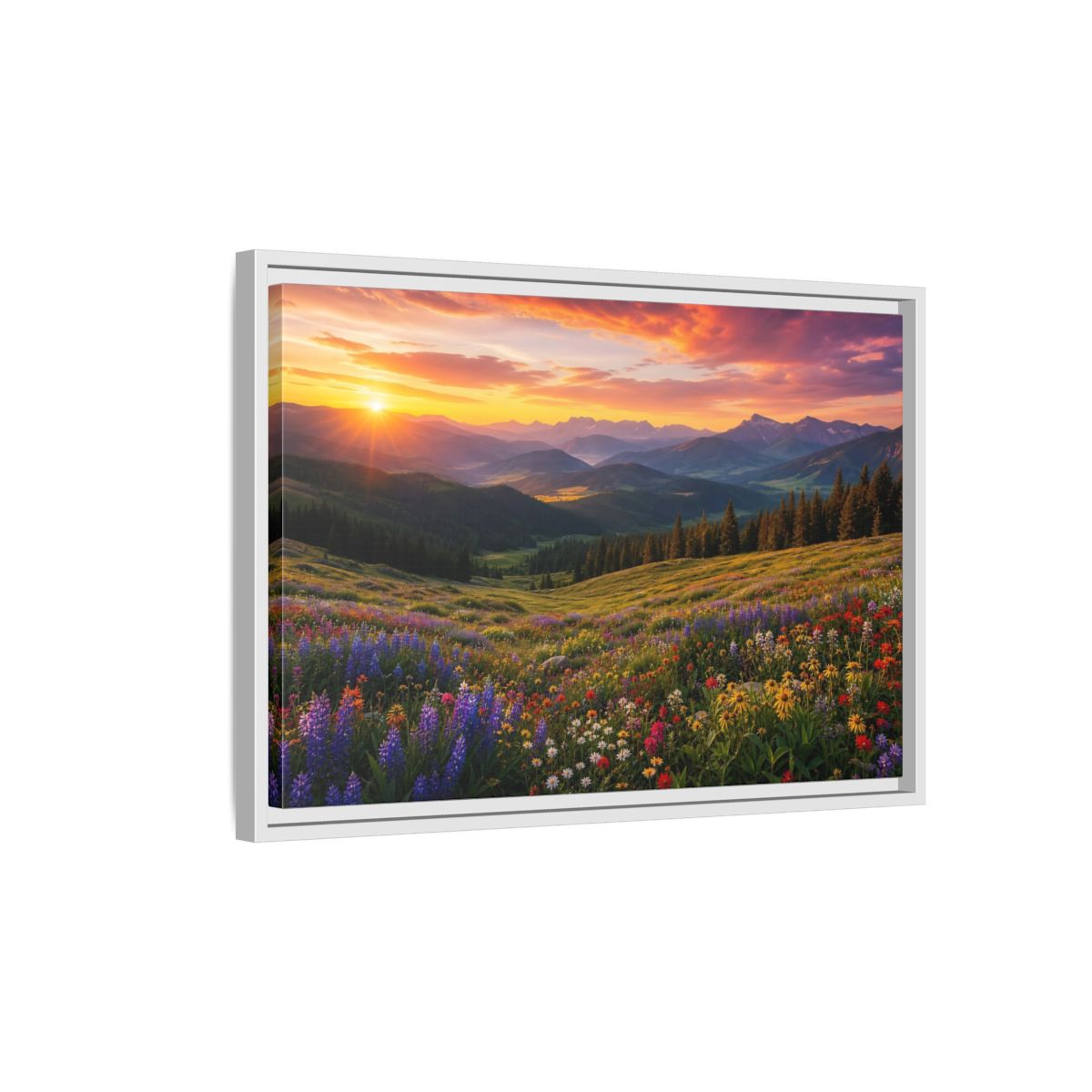 Side Mockup 1. Sunrise Over Wildflower Meadow shown as framed canvas print