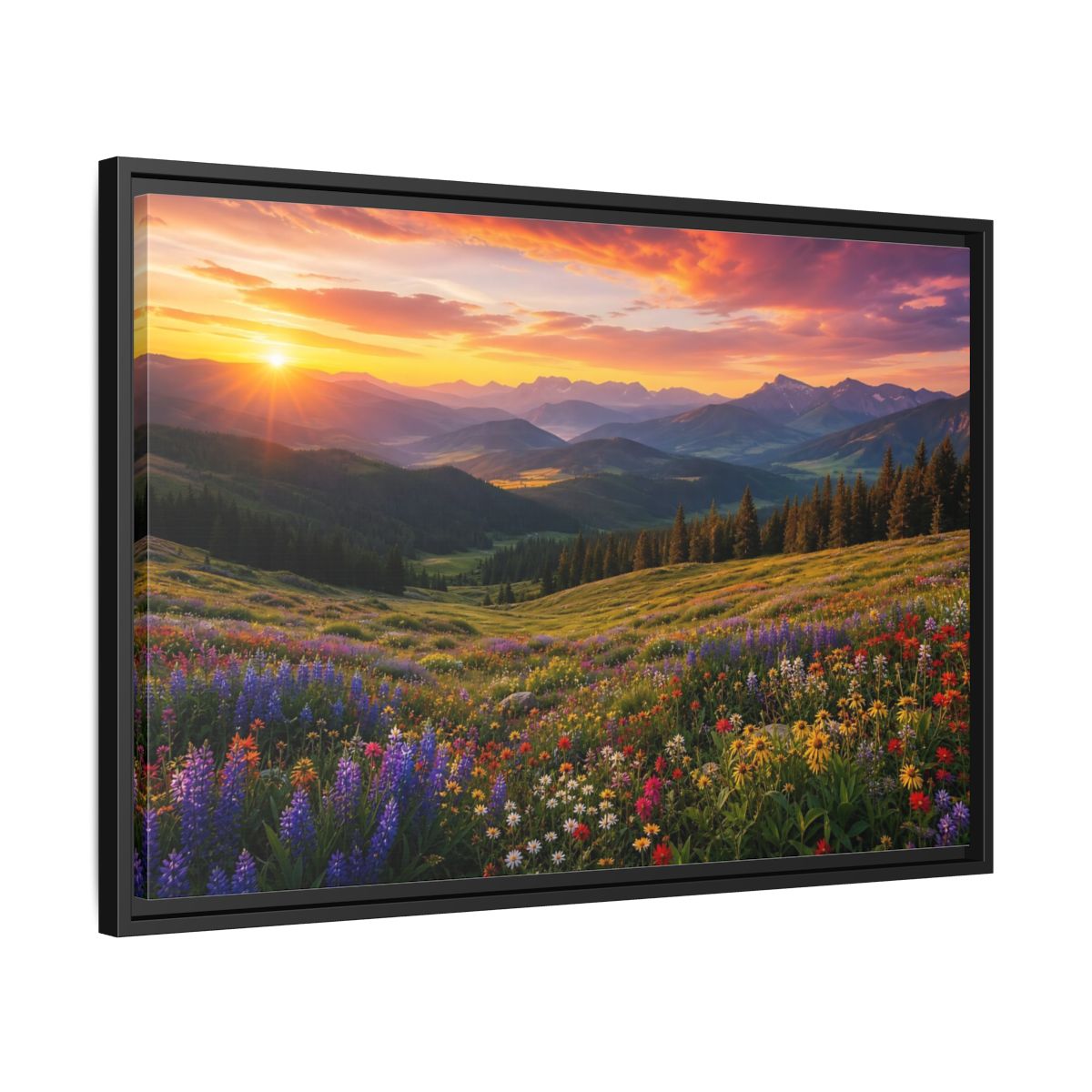 Side Mockup 14. Sunrise Over Wildflower Meadow shown as framed canvas print
